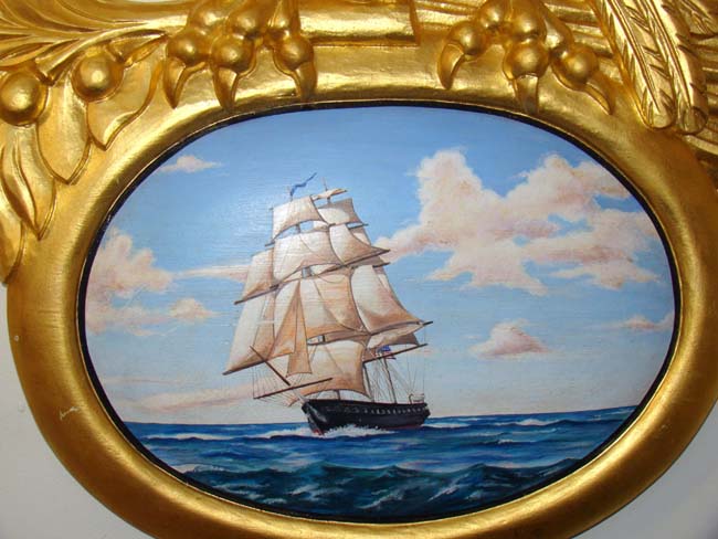 A Magnificent late 20th century Carved and Gilded American Eagle surmounting a painting of a ship at sea under full sail. — image 2